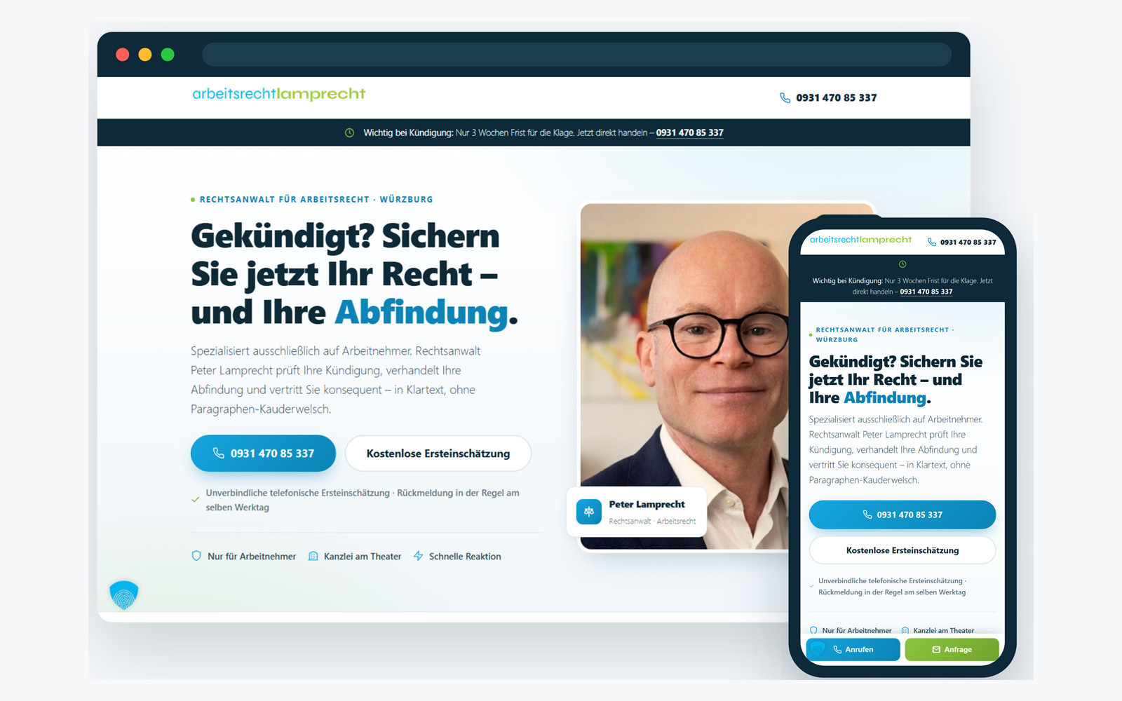 Google-Ads-Landingpage der Kanzlei Lamprecht auf Desktop und Smartphone